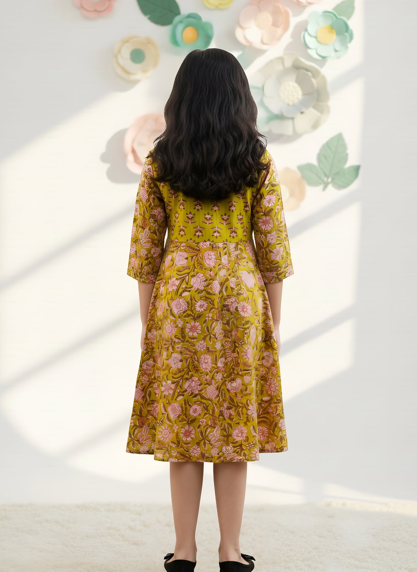 YASH GALLERY Kids Floral Printed Angrakha Dress (Green)