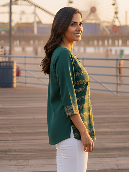 Yash Gallery Women's Ethnic Green Rayon Tunic Top with Elegant Gold Print, 3/4th Sleeve (Green)