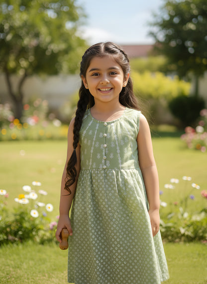 Yash Gallery Kids Georgette Silver-Print A-Line Dress Sleeveless, Round Neck
