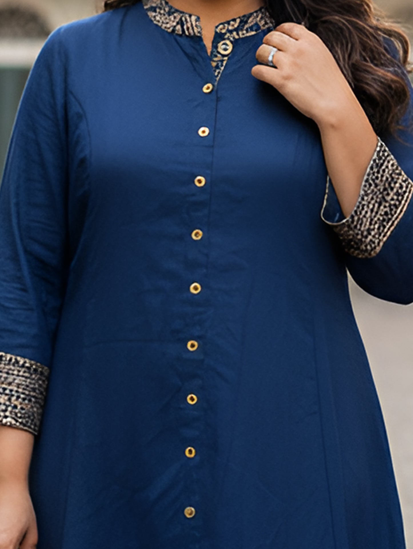 Yash Gallery Women’s Navy Blue Rayon Kurta with Golden Foil Print, 3/4th Sleeves (Navy Blue)