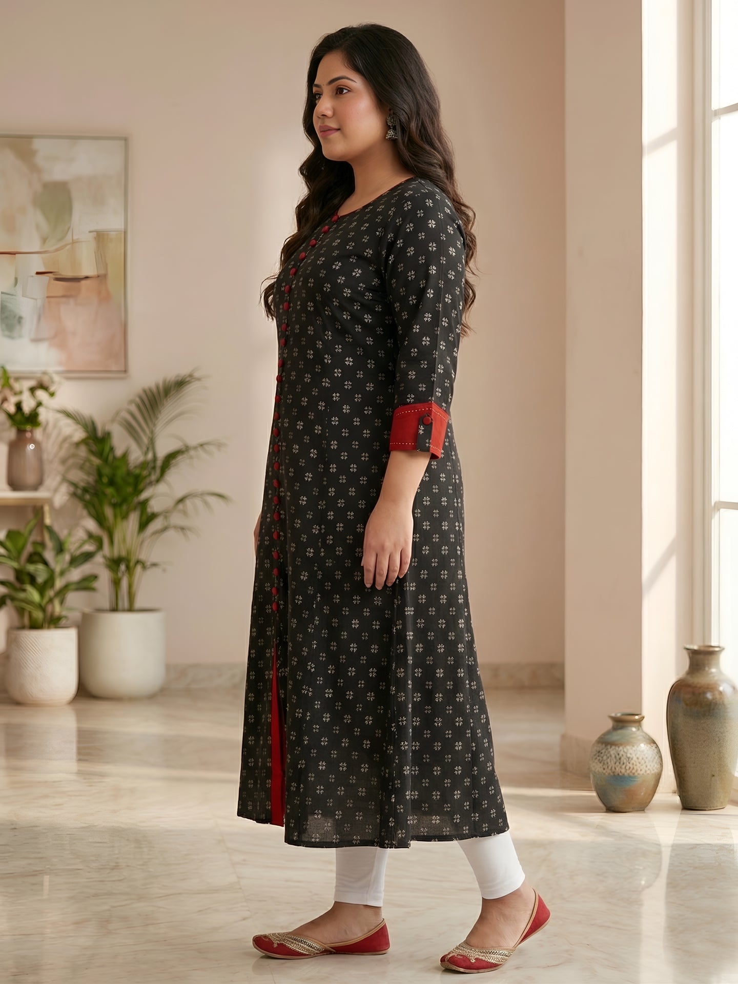 YASH GALLERY Women's Cotton Printed Anarkali Kurta Plus Size (Black)