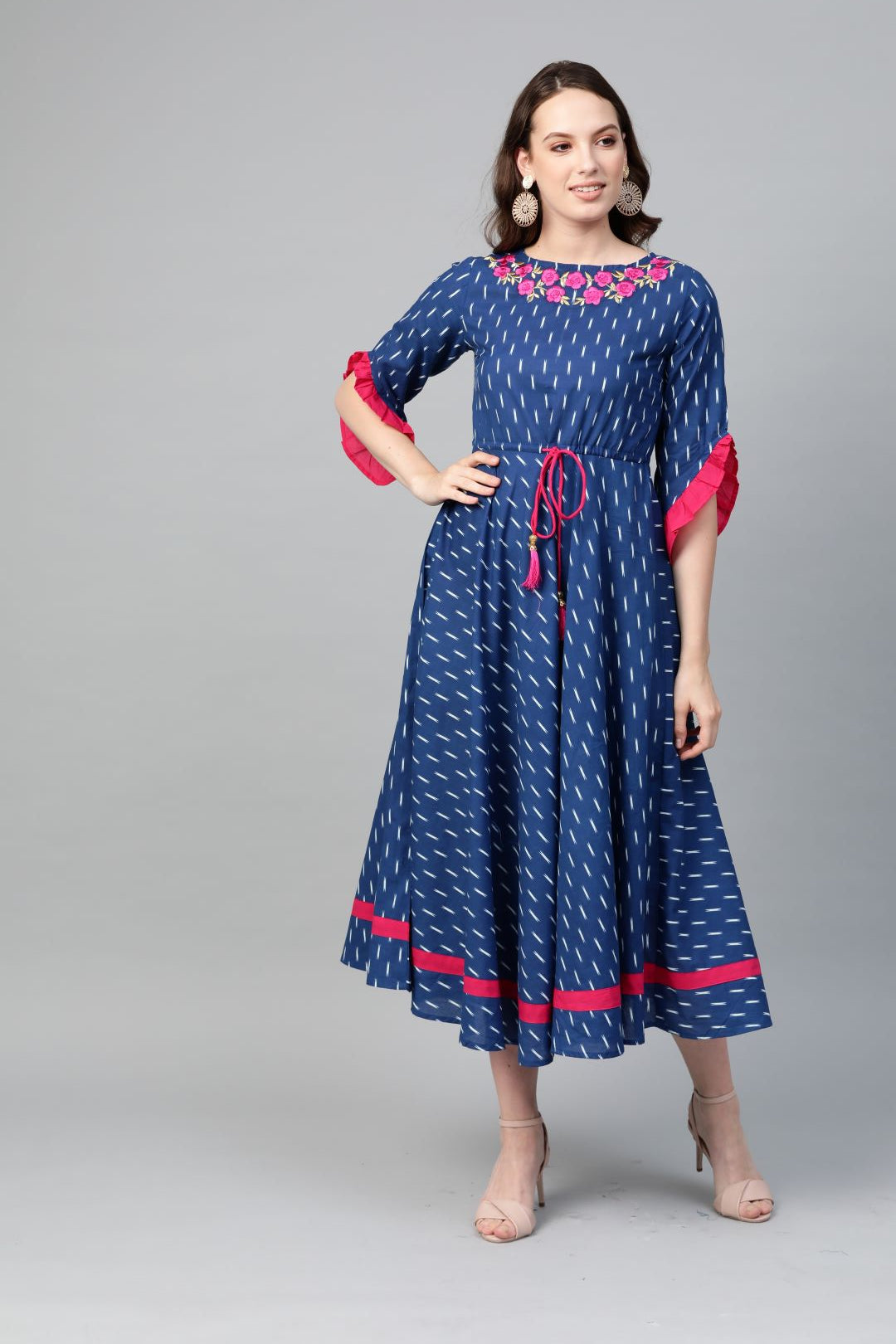 Cambric Cotton Embroidered Ikat Print Anarkali Kurta Dress (Blue)