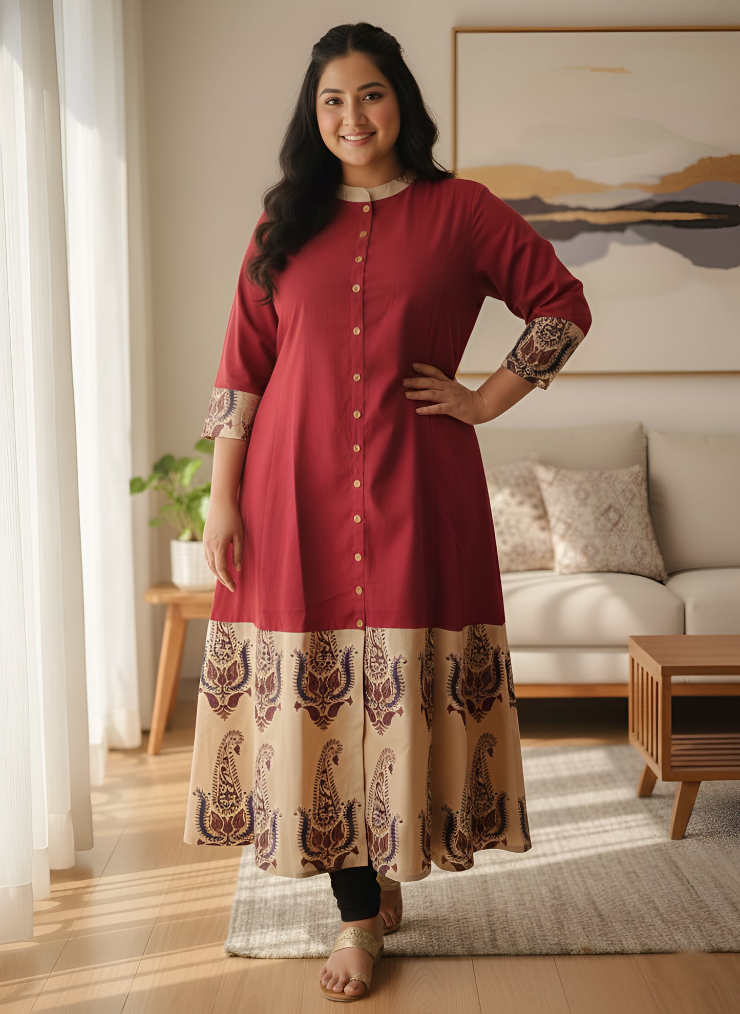 Yash Gallery Women Plus Size Cotton Buta Print A-Line Kurta (Maroon)
