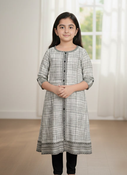 Yash Gallery Kids Cotton Slub Geomatrical Printed Rayon Anarkali Kurta (Off White)