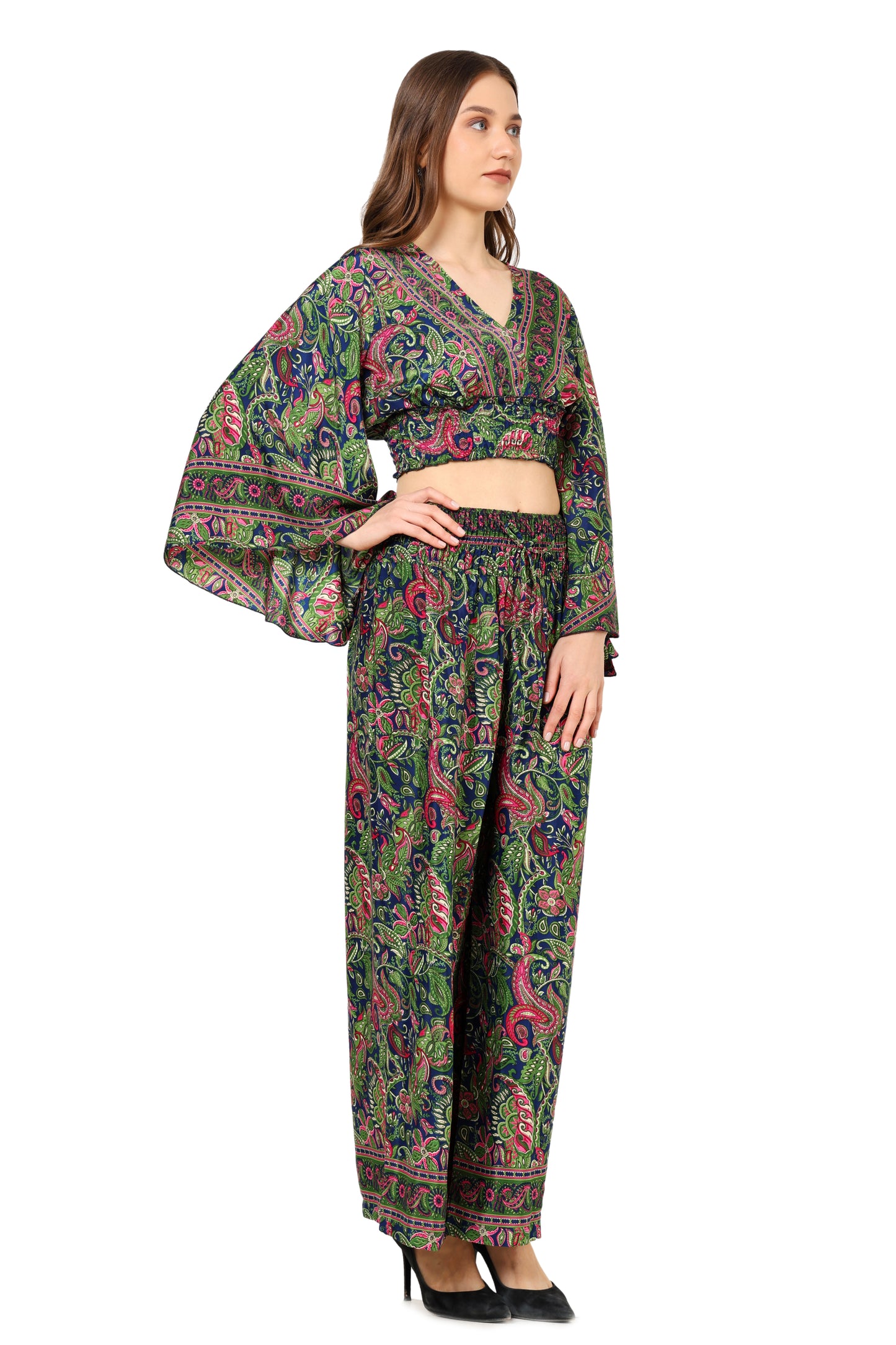 Yash Gallery Women's Green Floral Printed Smoking Embroidered Co-Ord Set (Green)