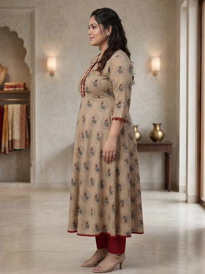 Cotton Blend Floral Print Anarkali Kurta Plus Size (Beige)