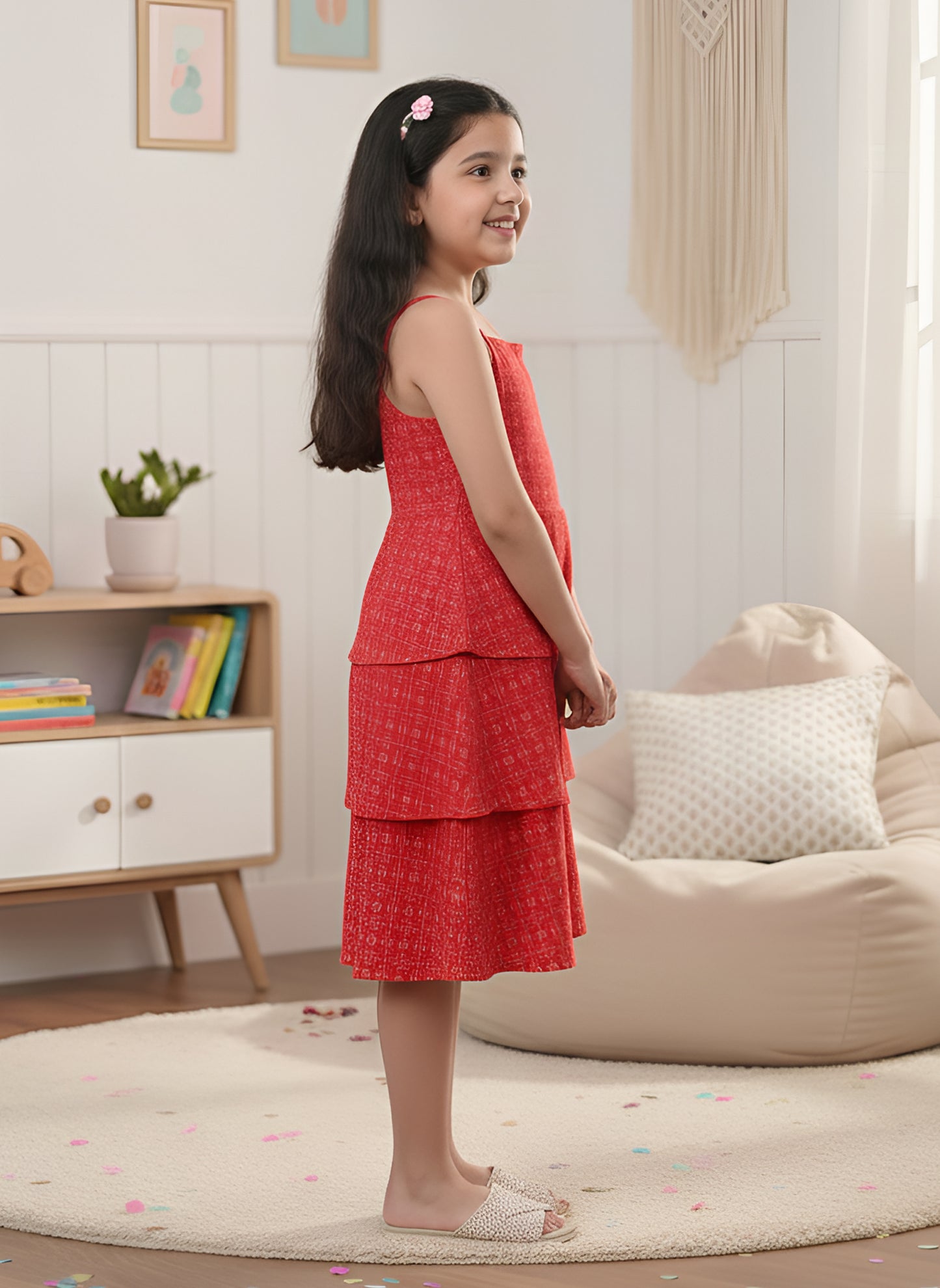 YASH GALLERY Kids Rayon Floral Printed Layered Dress (Red)