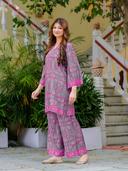 Yash Gallery Women’s Wrinkle-Free Digital Print Collared Neck Top with 3/4 Sleeves & Matching Palazzo Pants Co-ords Set