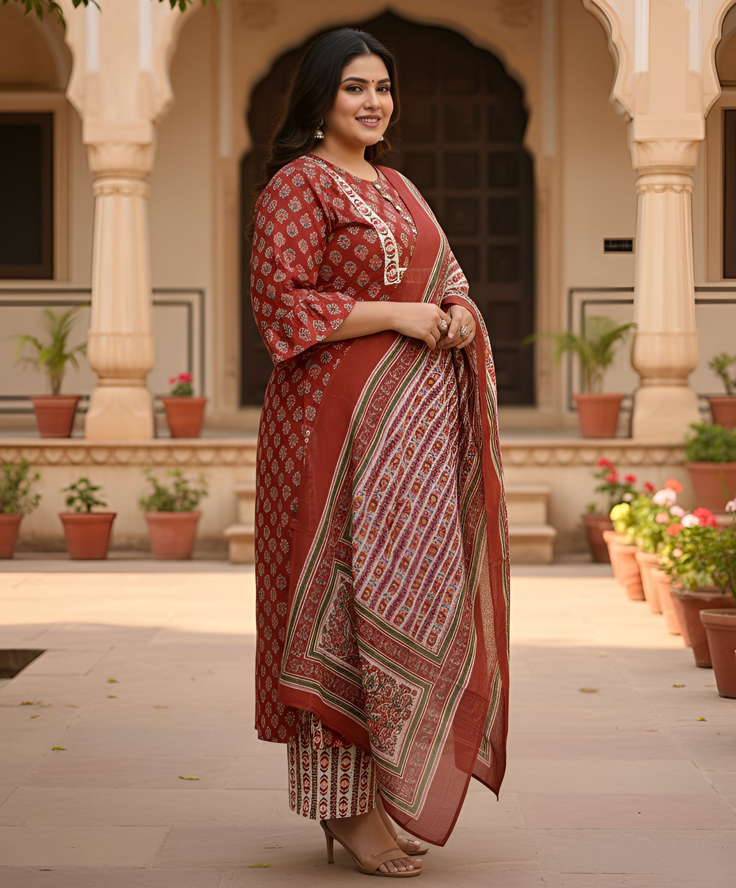 Yash Gallery Women’s Rayon Floral Print Straight Kurta & Printed Pants with Dupatta Set (Maroon)