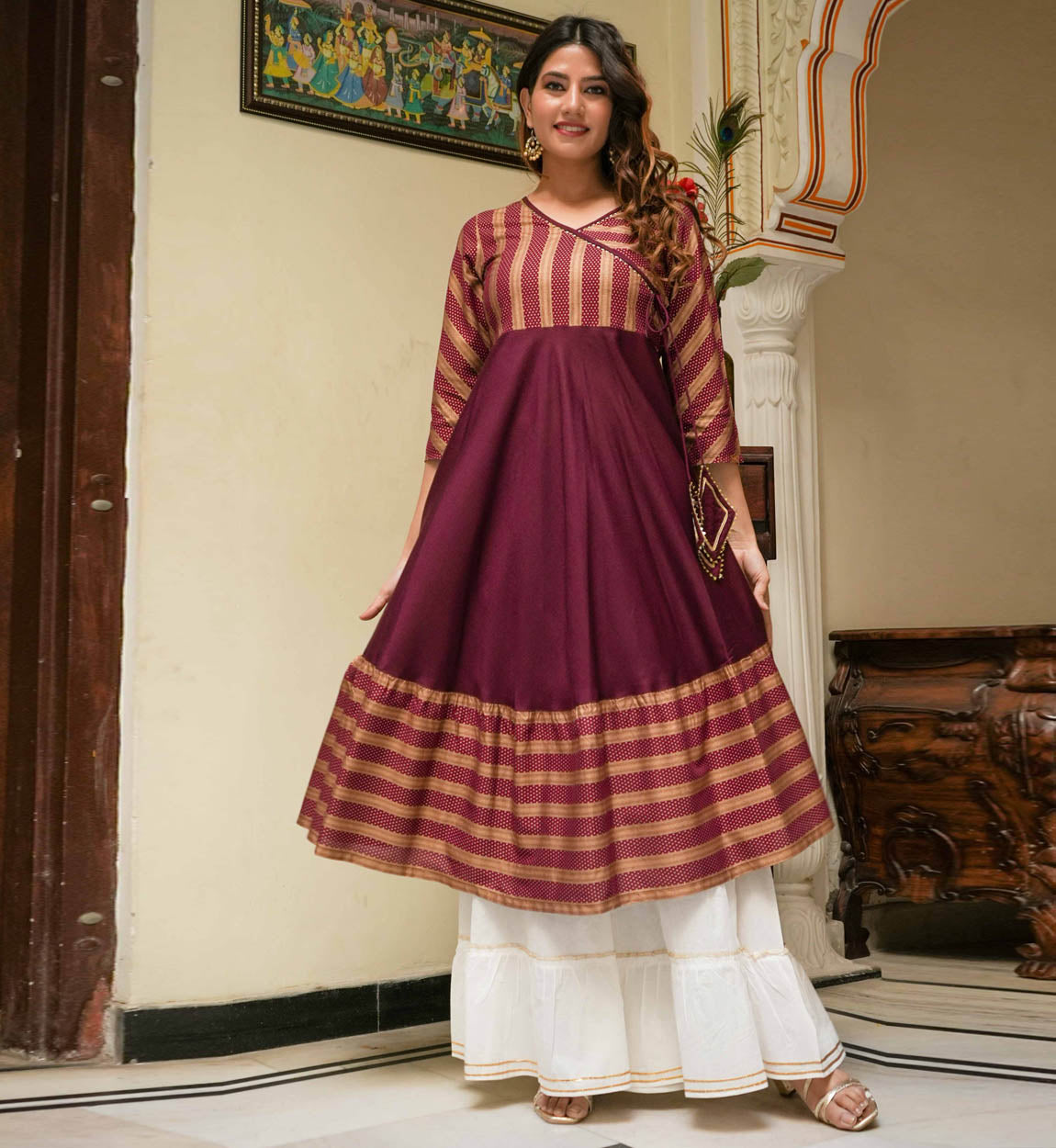 Anarkali Kurti, Pant With Dupatta Indian Handmade Women Rayon Diwali Gift  Dress. | eBay