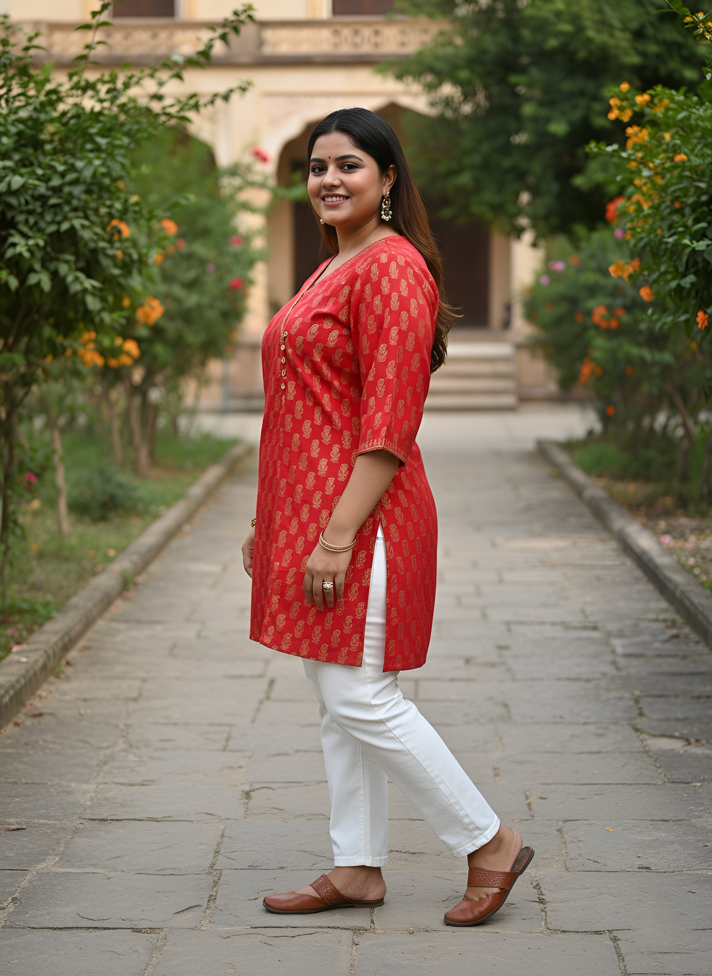 Yash Gallery Women’s Cotton Gold Block Print V-Neck and 3/4 Sleeves Wrap Style Kurti