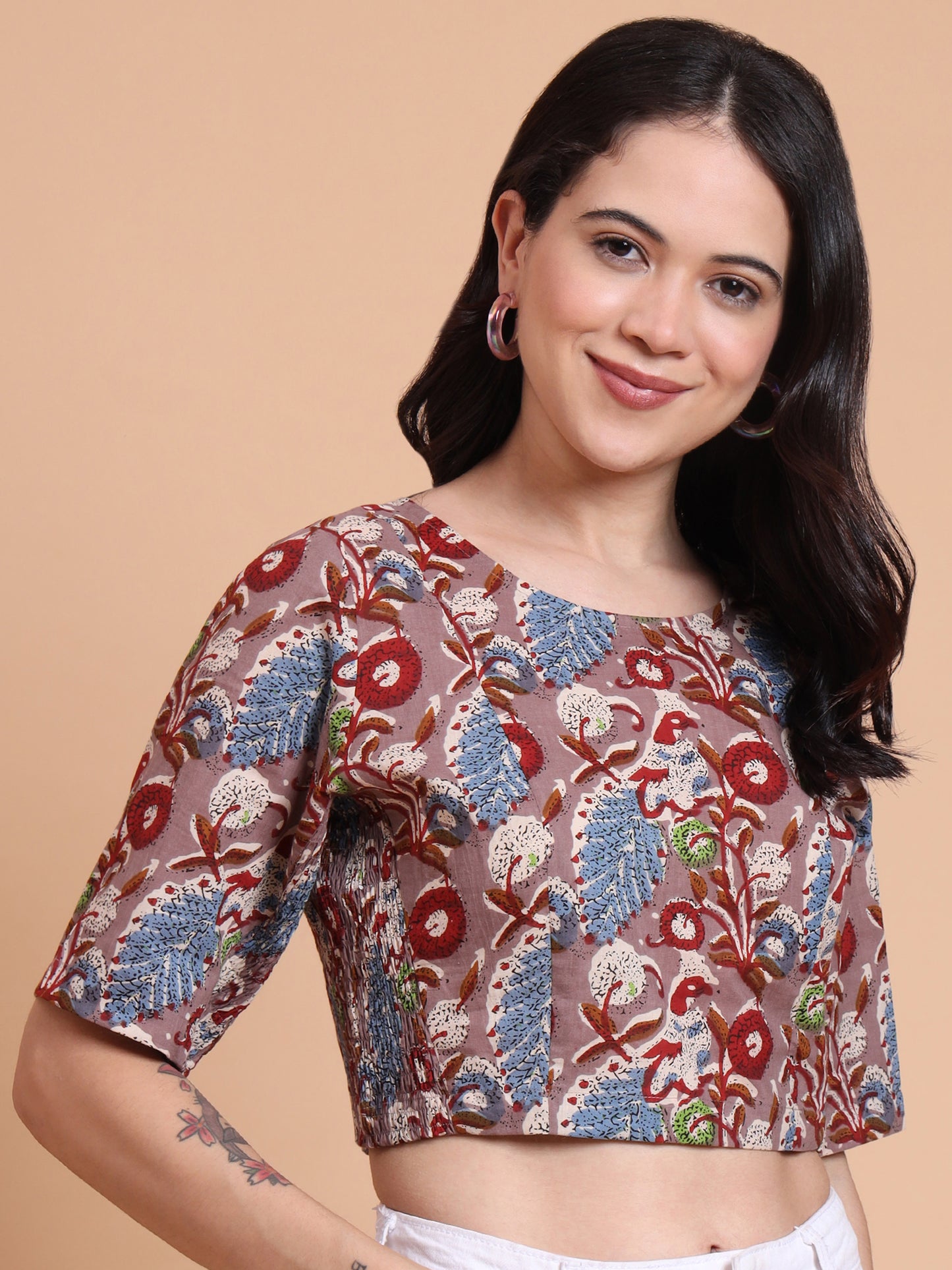 Yash Gallery Women’s Cambric Cotton Floral Printed Round Neck Half Sleeve Blouse Top with Both Side Bobbin Elastic