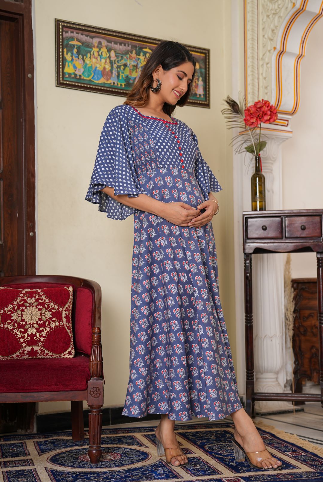 YASH GALLERY Women's Plus Size Floral Printed Smoking Embroidered Maternity Wear Anarkali Kurti