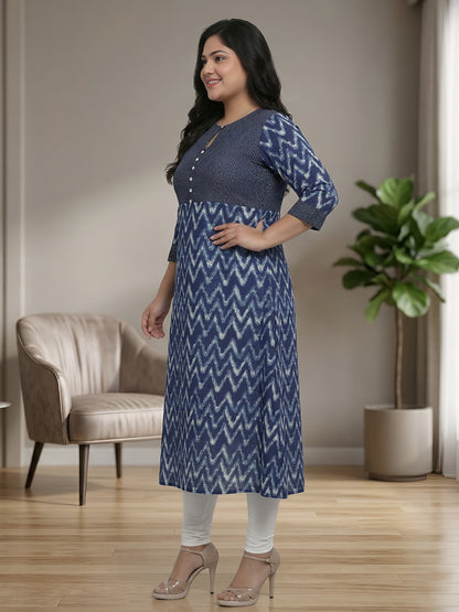 Cotton Chevron Print Kaantha Work A-line Kurta (Blue)
