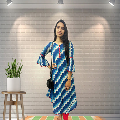 Yash Gallery Women's Cotton Zig- Zag Printed Mirror Work A-Line Kurta