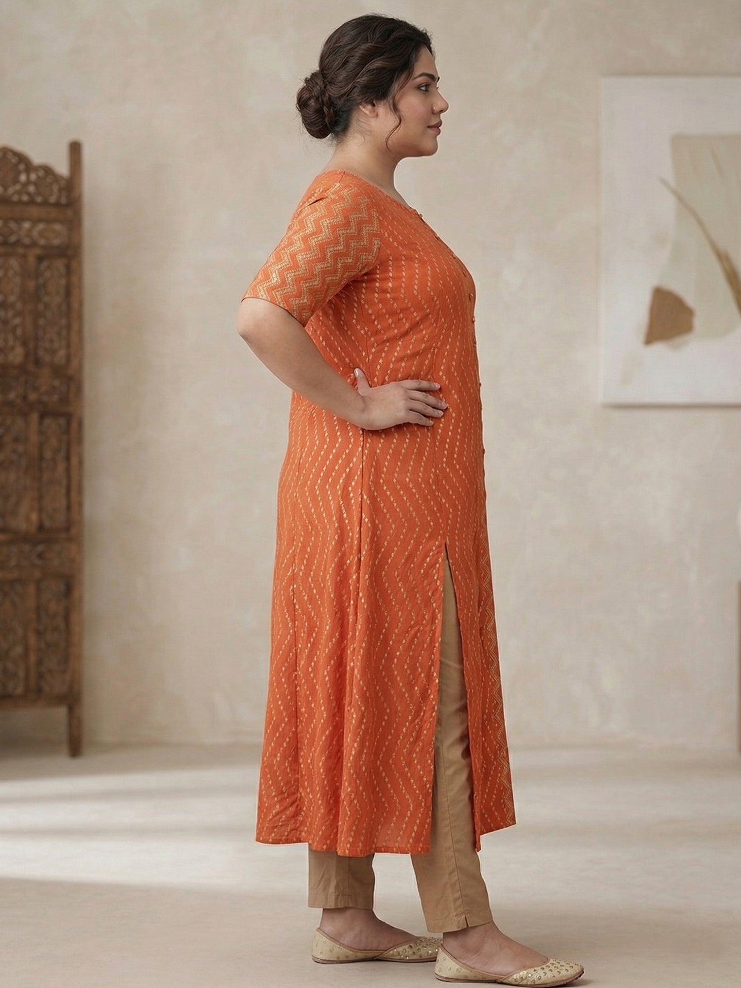 Yash Gallery Women's Rayon Zig-Zag Gold Print Anarkali Kurta Plus Size (Orange)