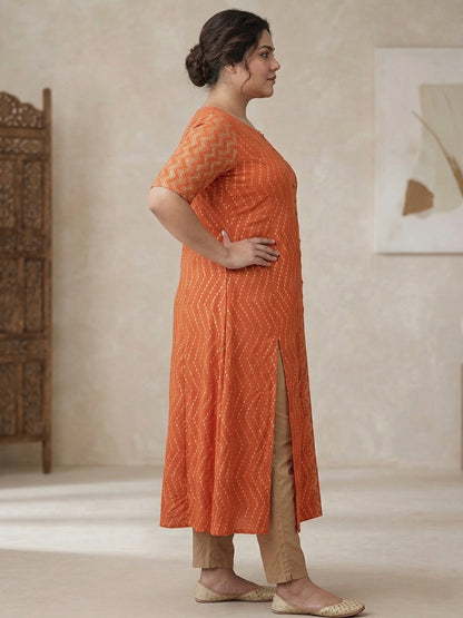 Yash Gallery Women's Rayon Zig-Zag Gold Print Anarkali Kurta Plus Size (Orange)