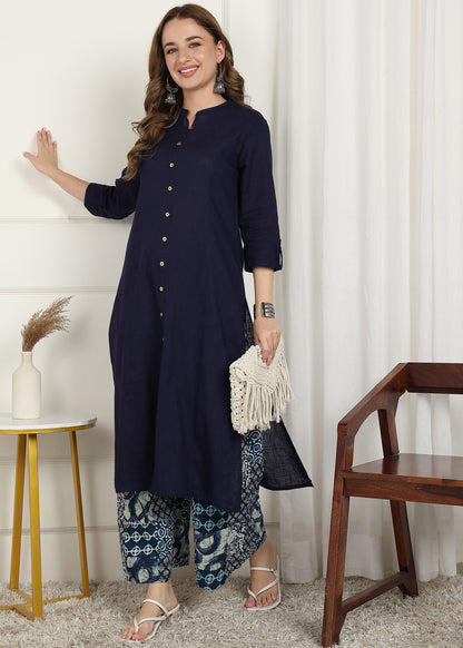 Women's Cotton Slub Solid Straight Kurta with Patchwork Print Palazzo Set (Maroon)