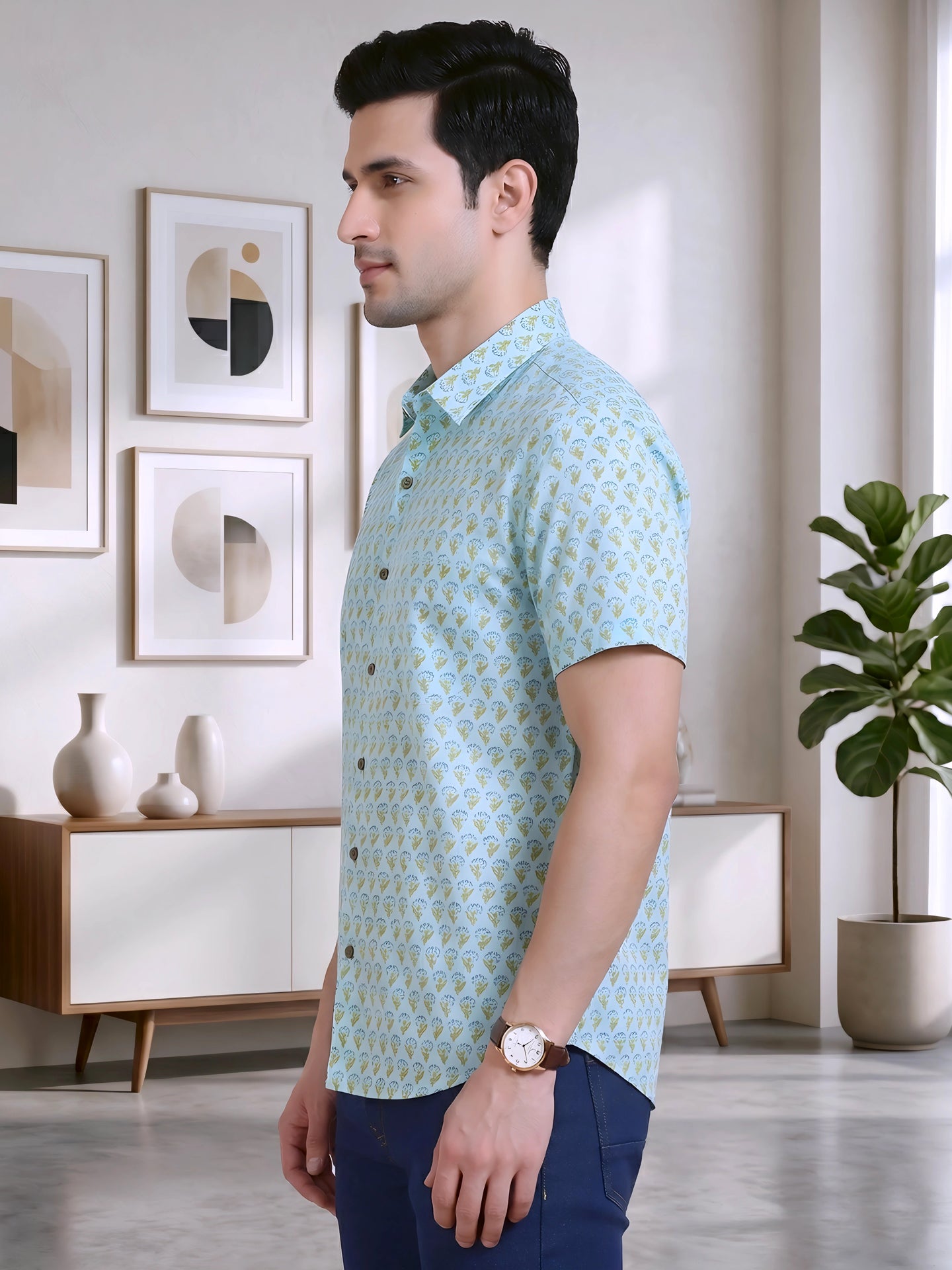 Yash Gallery Men's Cotton Cambric Handblock Print Regular Shirt (Mint)