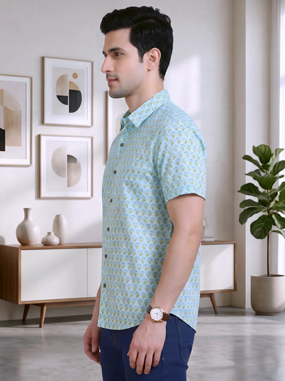 Yash Gallery Men's Cotton Cambric Handblock Print Regular Shirt (Mint)