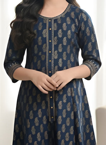Yash Gallery Kid's Maxi Cotton Print Anarkali Dress (Blue)