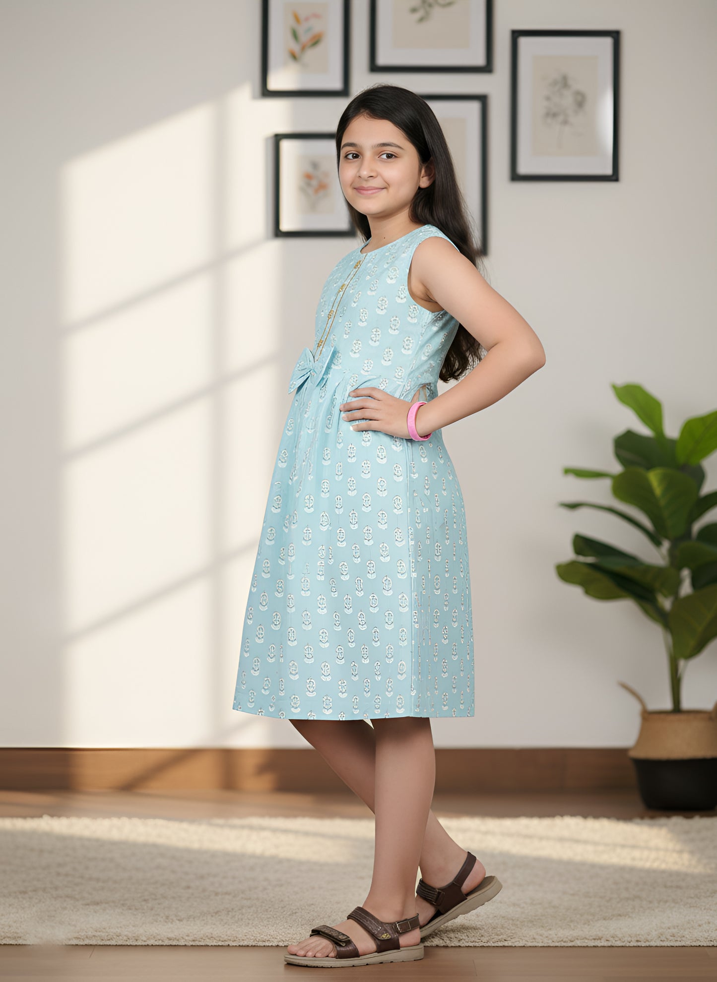 YASH GALLERY Kids Cotton Floral Printed Embroidered Pleated Dress (SkyBlue)