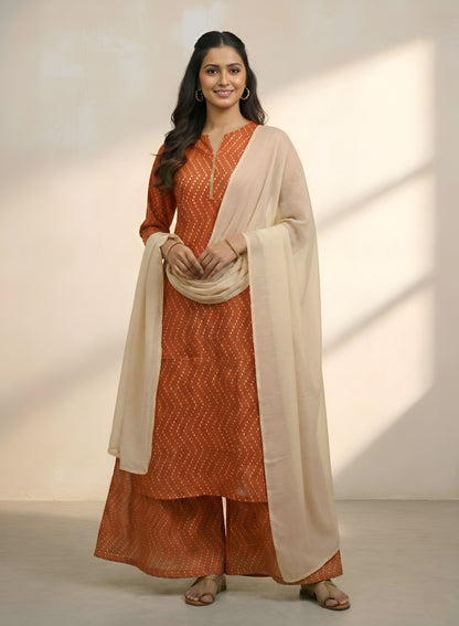 Yash Gallery Women's Geometric Print Rayon Staple Kurta Pant with Dupatta Set (Orange)