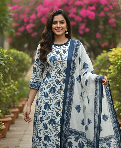Yash Gallery Women’s Cotton Printed Kurta with Button Detail, Printed Pants & Matching Printed Dupatta Round Neck, 3/4 Sleeves (Blue)