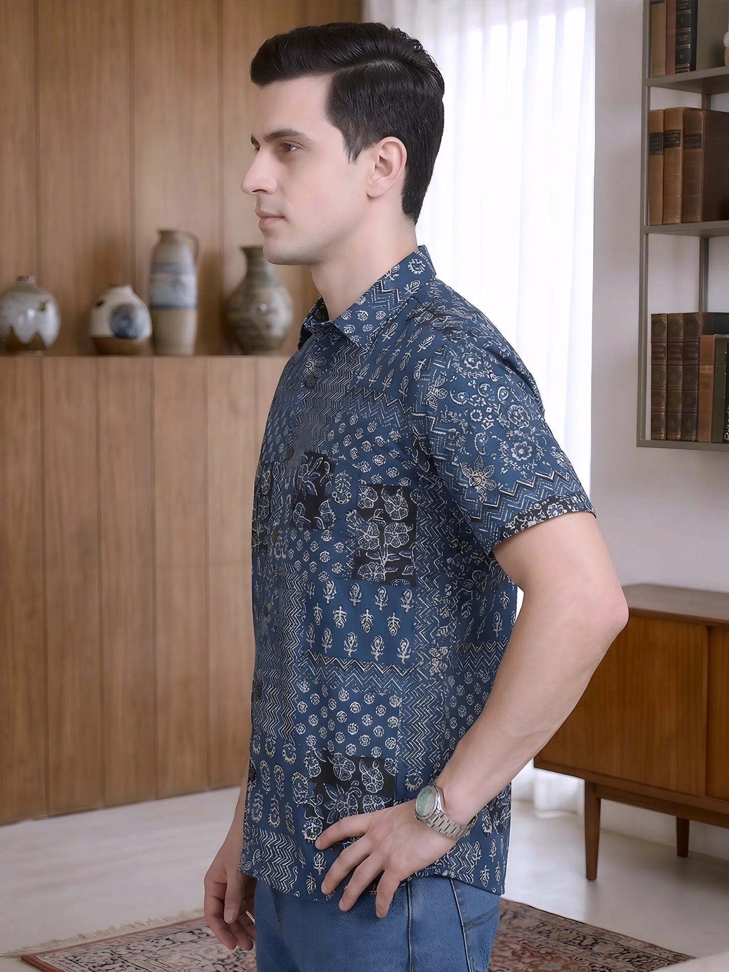 Yash Gallery Men's Cotton Cambric Handblock Print Regular Shirt (Mint)