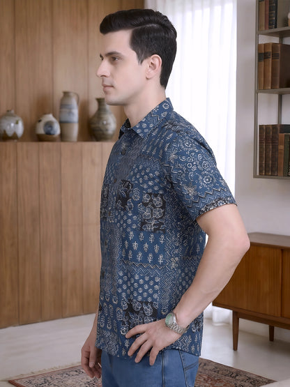 Yash Gallery Men's Cotton Cambric Handblock Print Regular Shirt (Mint)