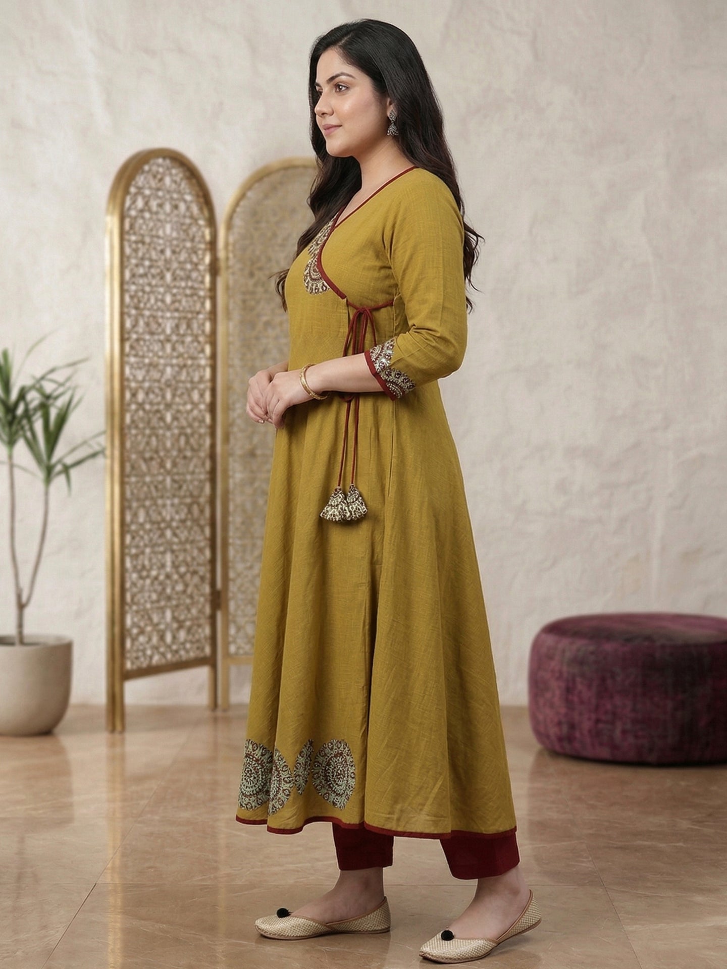 Yash Gallery Women's Cotton Slub Patch Work Angrakha Kurta Plus Size