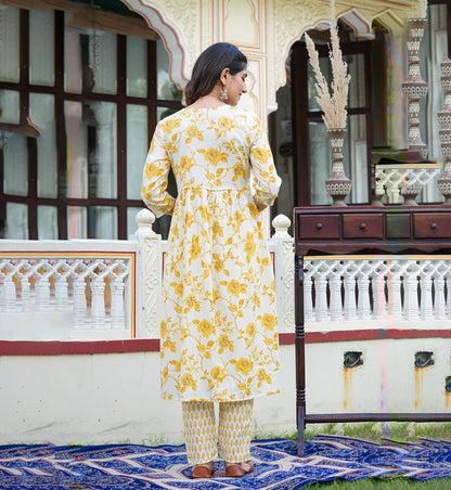 YASH GALLERY Women's Yellow Floral Printed Embroidered Anarkali Kurta with Pant & Dupatta