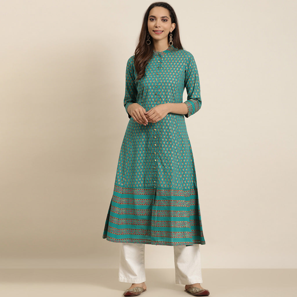 Green Cotton Floral Printed Anarkali Kurta (Green)