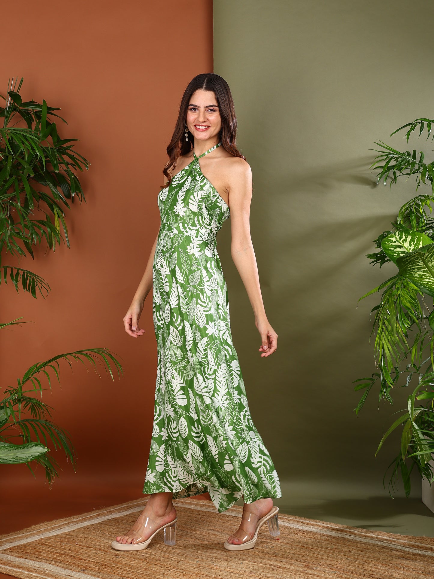 Yash Gallery Women’s Green Leaf Print Dress Wrinkle Free Fabric Halter Neck Back Elastic Fit (Green)