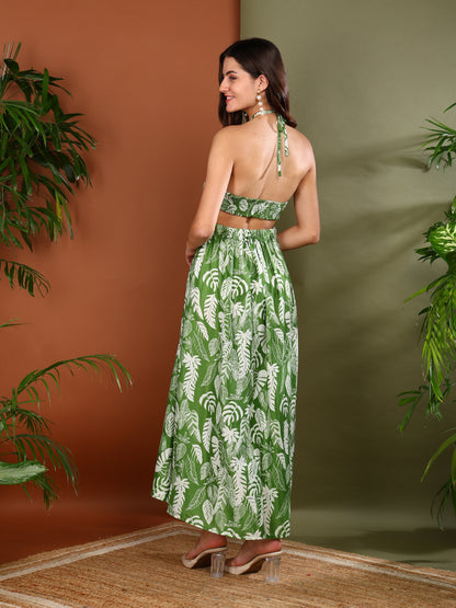 Yash Gallery Women’s Green Leaf Print Dress Wrinkle Free Fabric Halter Neck Back Elastic Fit (Green)