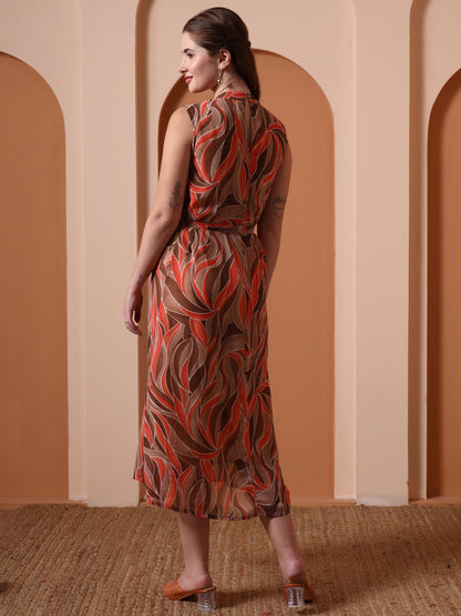 Yash Gallery Women’s Georgette Printed Midi Dress High Neck, Sleeveless, Waist Tie Belt, A-Line Flare (Brown)