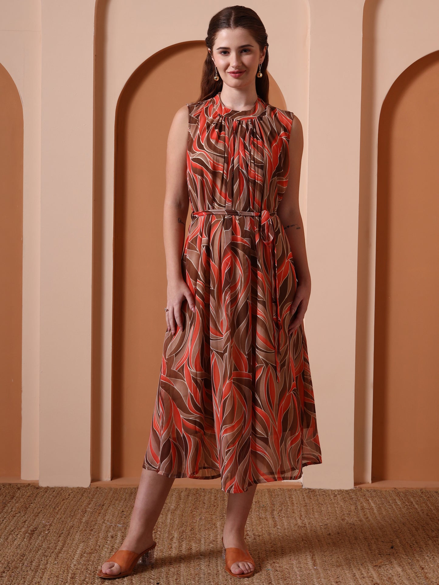 Yash Gallery Women’s Georgette Printed Midi Dress High Neck, Sleeveless, Waist Tie Belt, A-Line Flare (Brown)