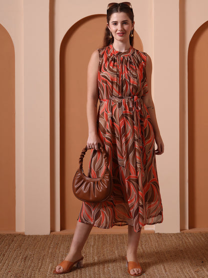 Yash Gallery Women’s Georgette Printed Midi Dress High Neck, Sleeveless, Waist Tie Belt, A-Line Flare (Brown)