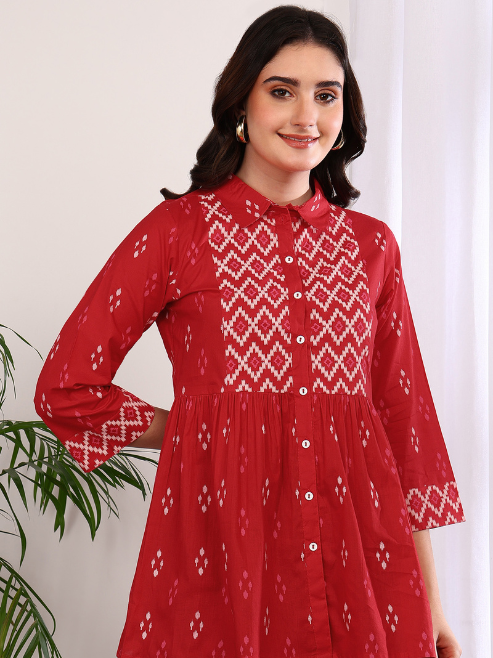 Yash Gallery Women's Cotton Geometric Print Hip Length 3/4th Sleeve Collared Neck Short Kurti (Red)