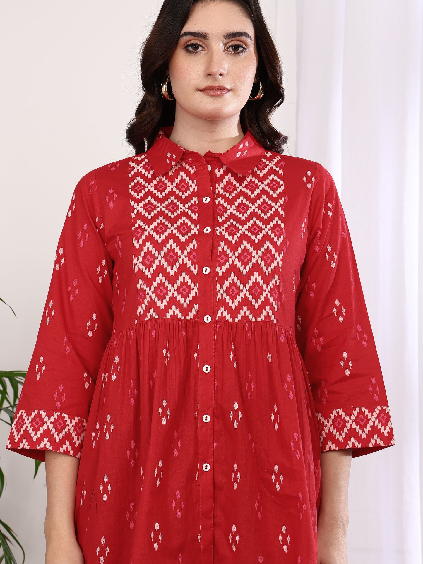 Yash Gallery Women's Cotton Geometric Print Hip Length 3/4th Sleeve Collared Neck Short Kurti (Red)