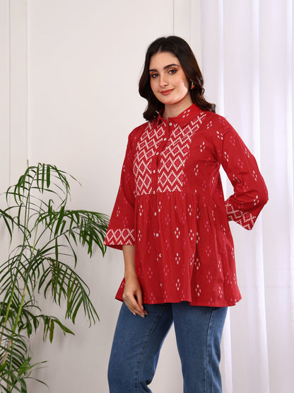 Yash Gallery Women's Cotton Geometric Print Hip Length 3/4th Sleeve Collared Neck Short Kurti (Red)