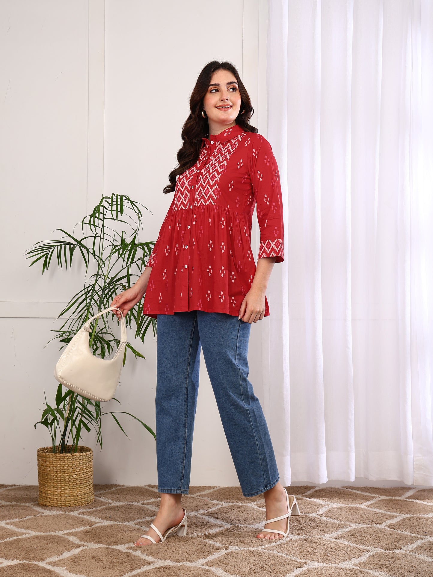 Yash Gallery Women's Cotton Geometric Print Hip Length 3/4th Sleeve Collared Neck Short Kurti (Red)