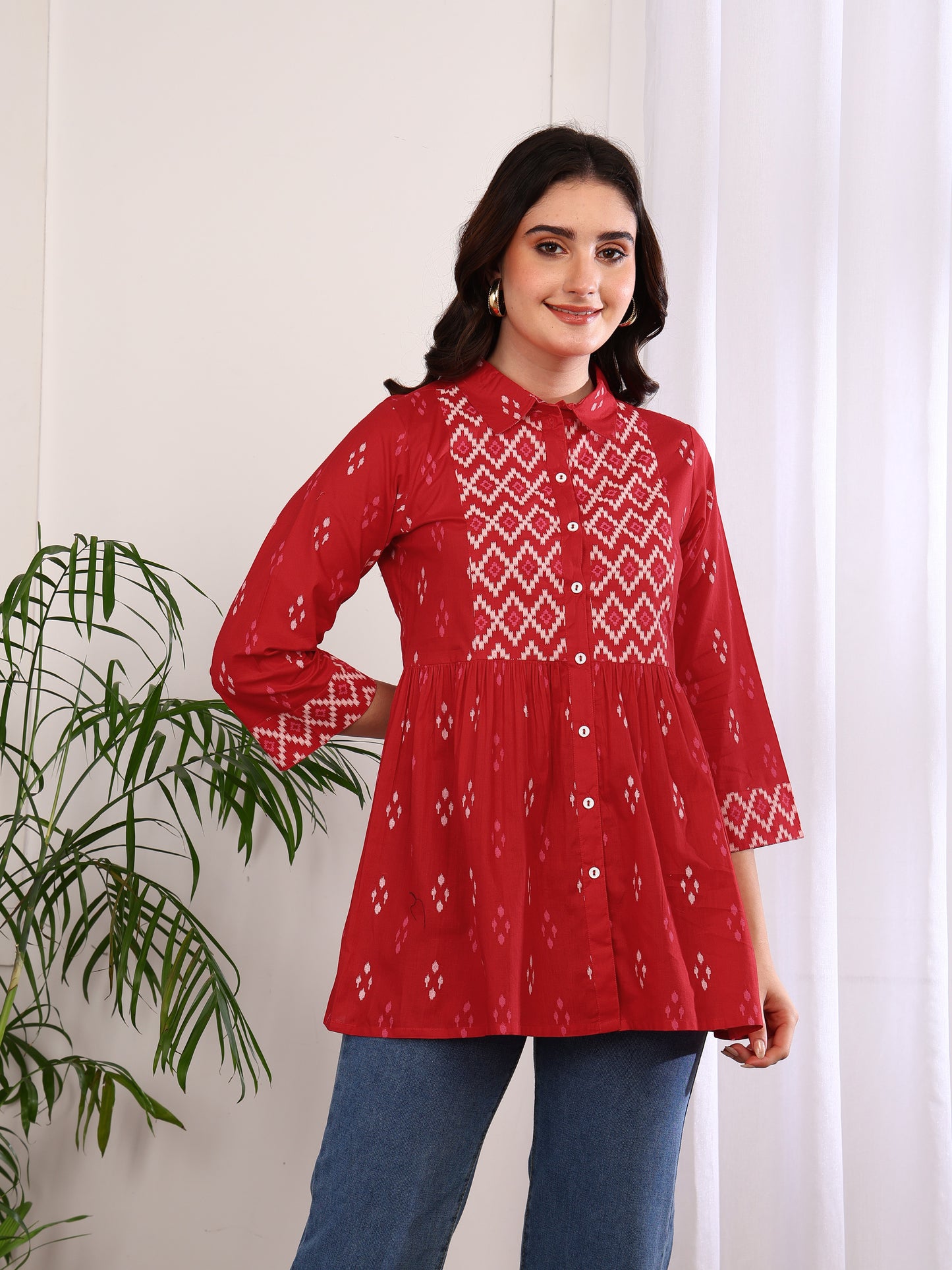 Yash Gallery Women's Cotton Geometric Print Hip Length 3/4th Sleeve Collared Neck Short Kurti (Red)