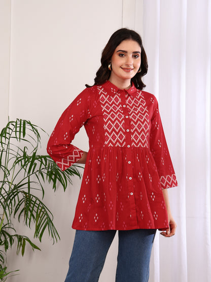 Yash Gallery Women's Cotton Geometric Print Hip Length 3/4th Sleeve Collared Neck Short Kurti (Red)