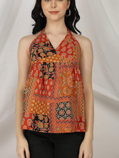 Yash Gallery Women’s Multi Cambric Cotton Printed Halter Neck Sleeveless Top