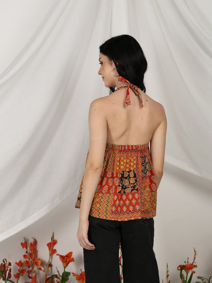 Yash Gallery Women’s Multi Cambric Cotton Printed Halter Neck Sleeveless Top
