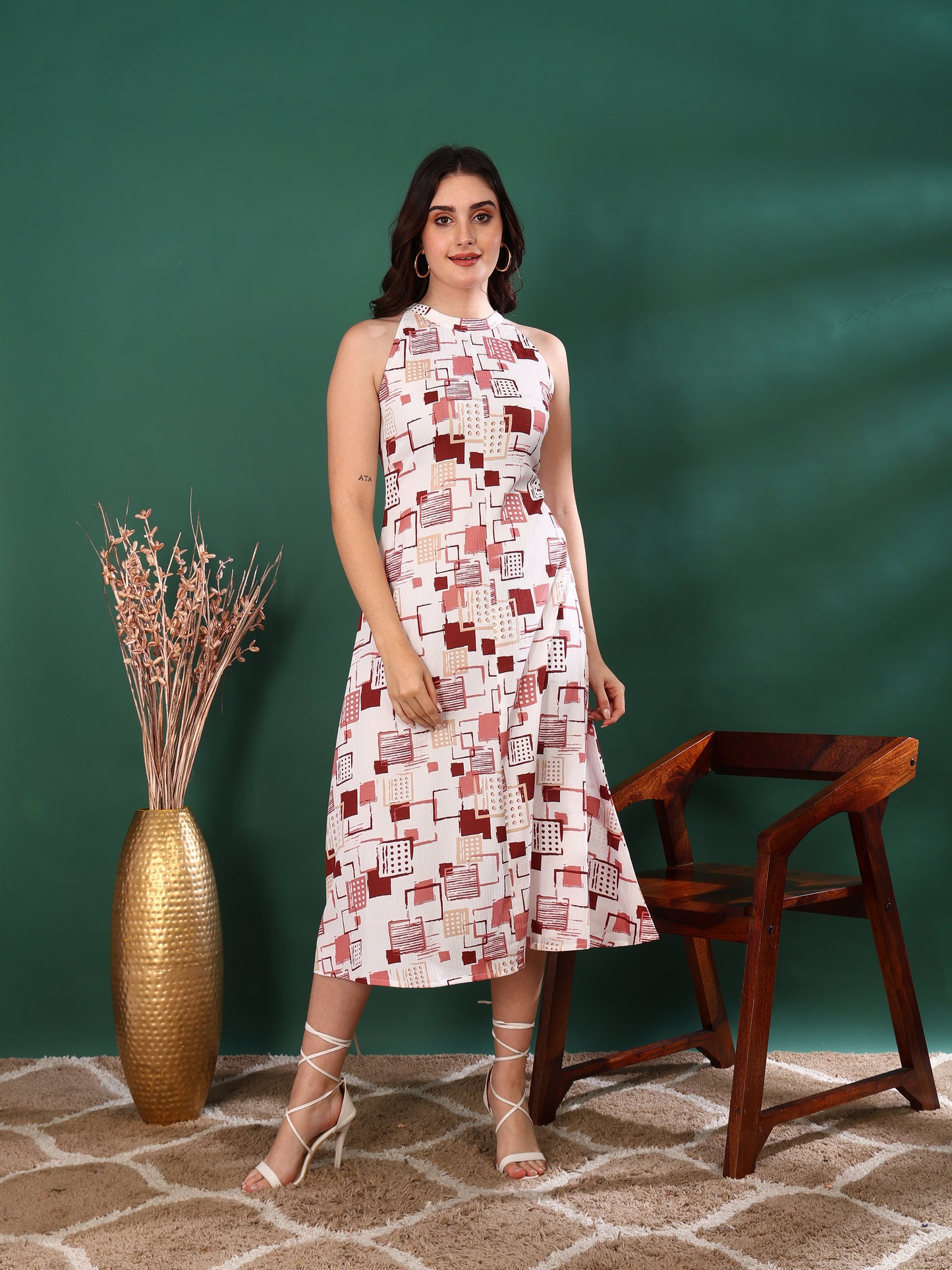 Hot Neck Leaf Print A-line Dress