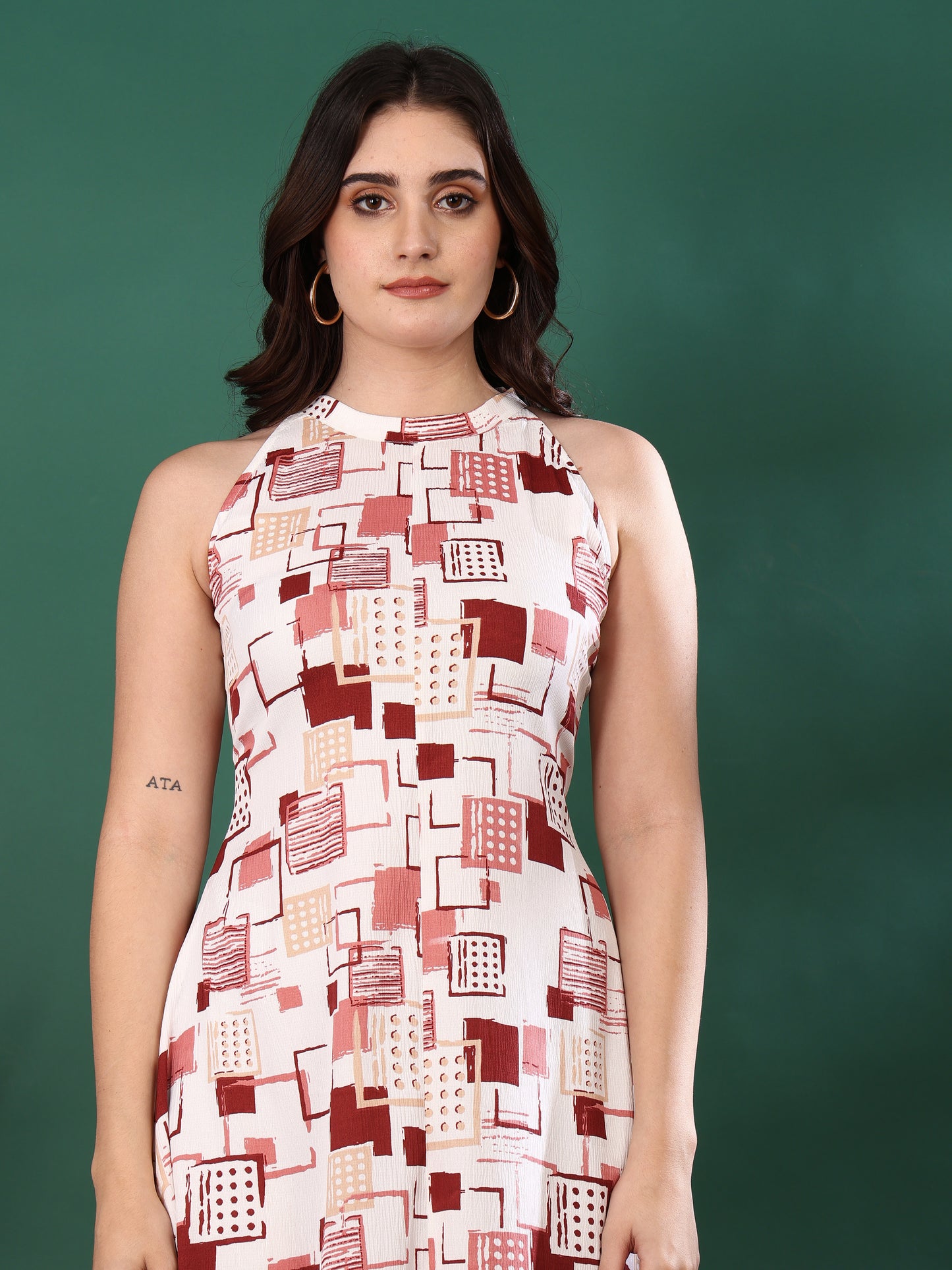 Hot Neck Leaf Print A-line Dress
