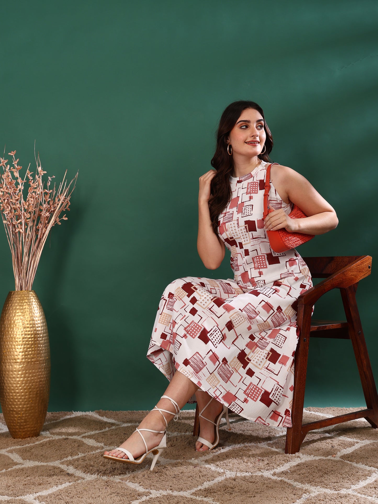 Hot Neck Leaf Print A-line Dress