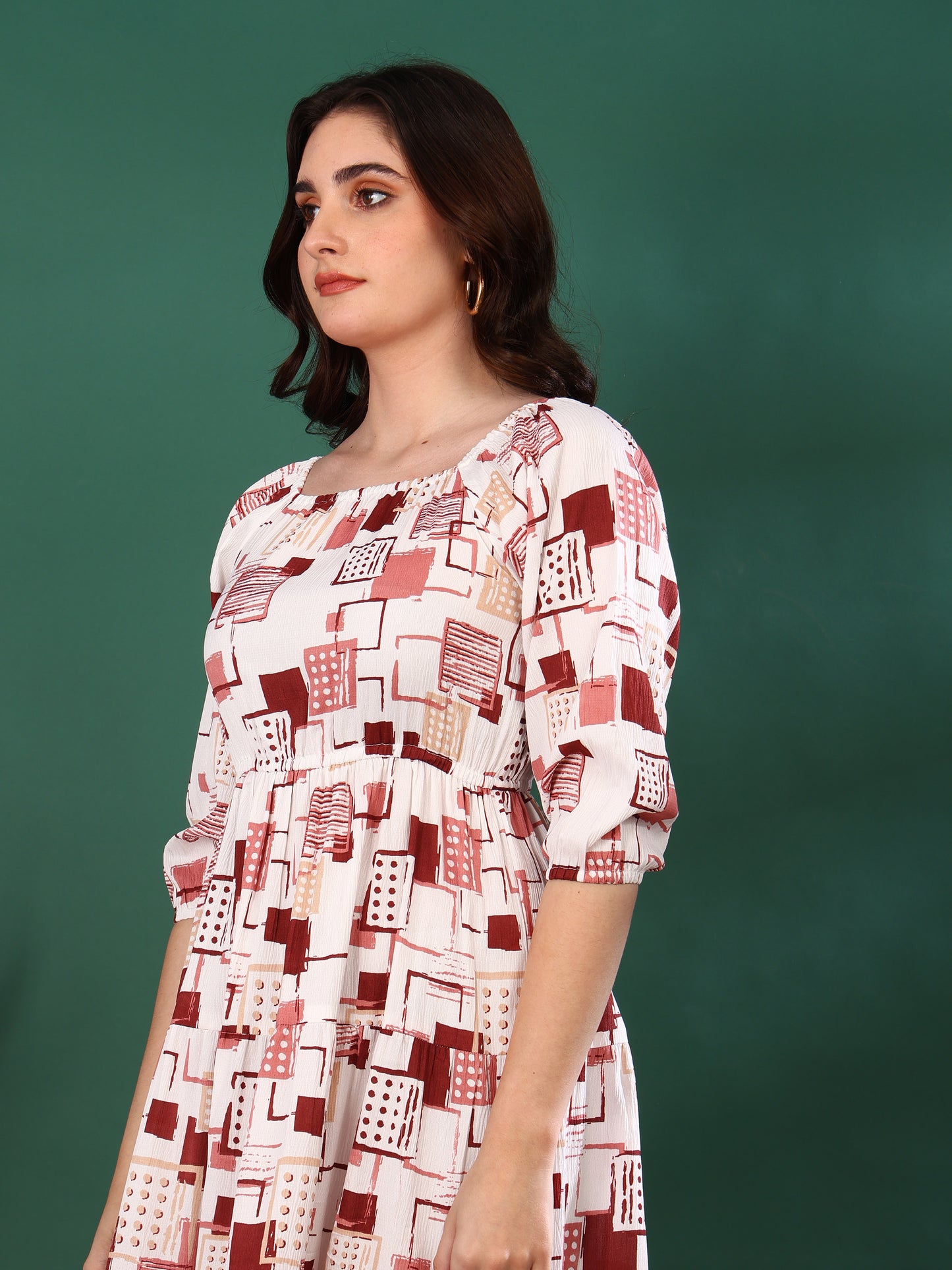 Yash Gallery Women’s Delta Fabric Printed Dress Square Neck, Puff Sleeve, Fit & Flare Midi Dress(White)